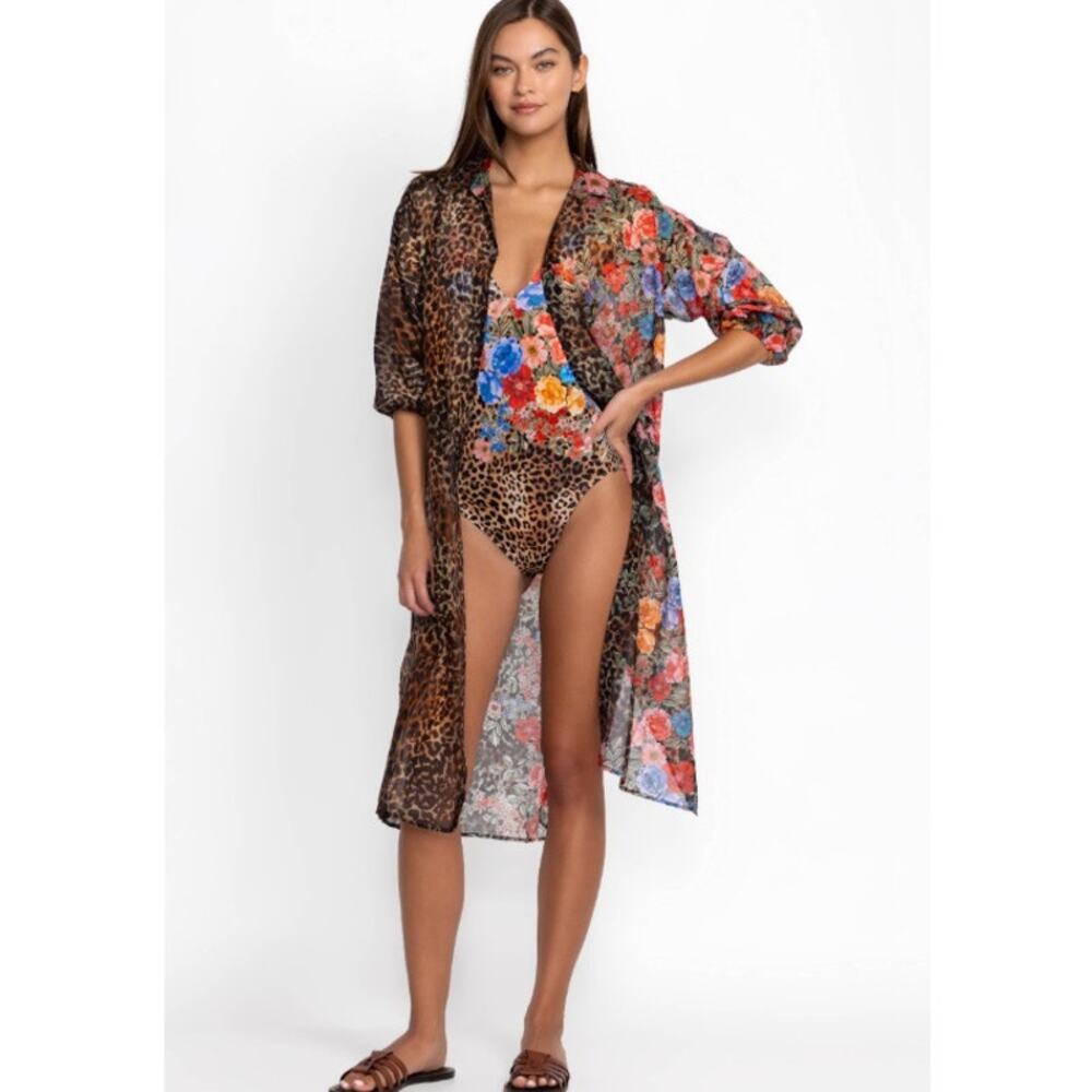 NEW JOHNNY WAS Cheetah Long Shirt Dress Size XL Boho Chic